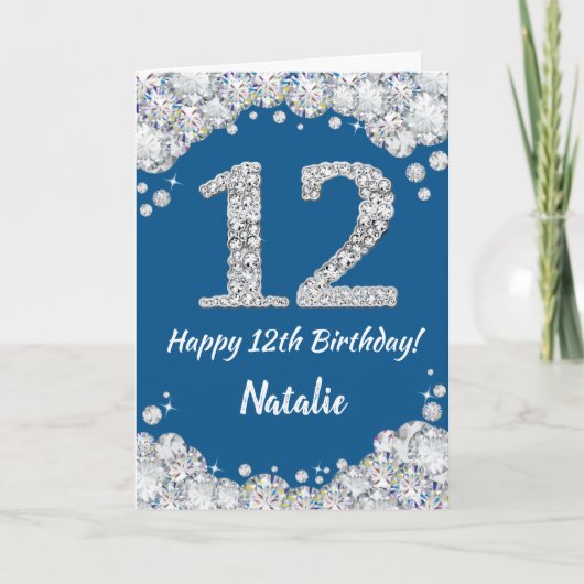 Happy 12th Birthday Blue en Silver Glitter Card Kaart (Voorkant)