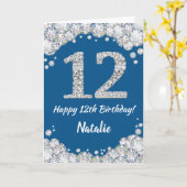 Happy 12th Birthday Blue en Silver Glitter Card Kaart (Gele Bloem)