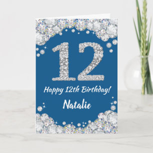 Happy 12th Birthday Blue en Silver Glitter Card Kaart