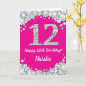 Happy 12th Birthday Hot Pink en Silver Glitter Kaart (Gele Bloem)