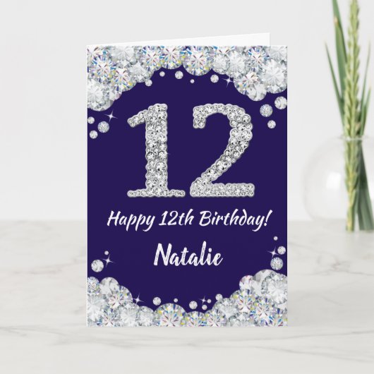 Happy 12th Birthday Navy Blue en Silver Glitter Kaart (Voorkant)