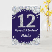 Happy 12th Birthday Navy Blue en Silver Glitter Kaart (Gele Bloem)