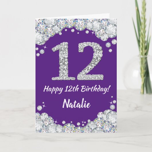 Happy 12th Birthday Paars en Silver Glitter Card Kaart (Voorkant)