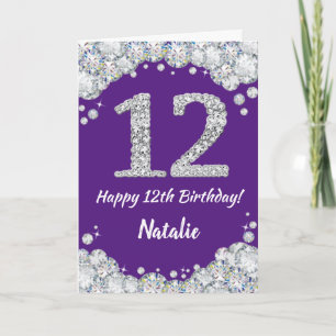 Happy 12th Birthday Paars en Silver Glitter Card Kaart