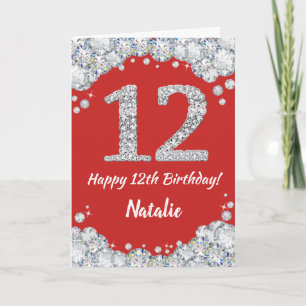 Happy 12th Birthday Red en Silver Glitter Card Kaart
