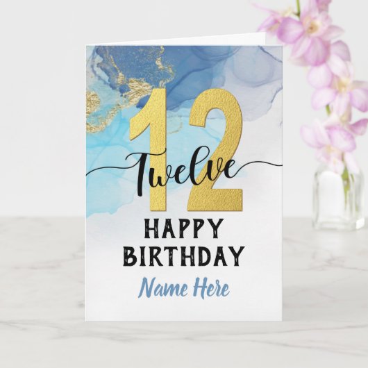 Happy 12th Birthday Waterverf Blue & Gold Boy Kaart (Orchidee)