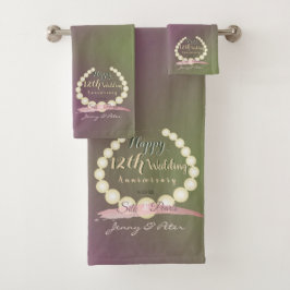 "Happy 12th Wedding Jubileum" Pearls en Moss Bad Handdoek