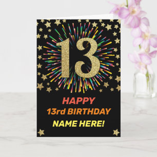 Happy 13rd Birthday Black & Gold Rainbow Fireworks Kaart