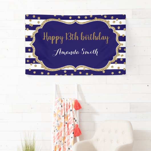 Happy 13th Birthday Banner Navy Blue Gold Glitter (Insitu)