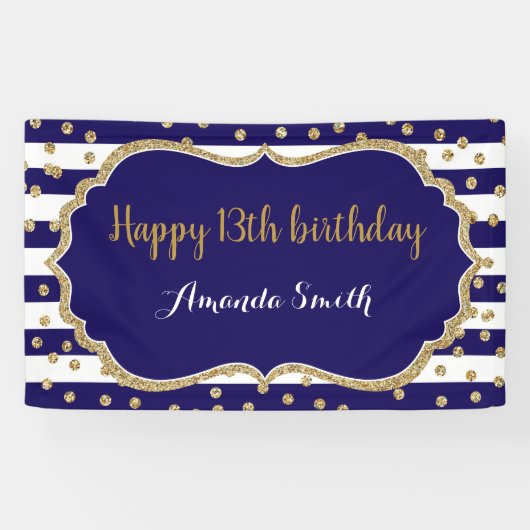 Happy 13th Birthday Banner Navy Blue Gold Glitter (Horizontaal)