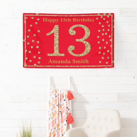 Happy 13th Birthday Banner Red en Gold Glitter (Insitu)