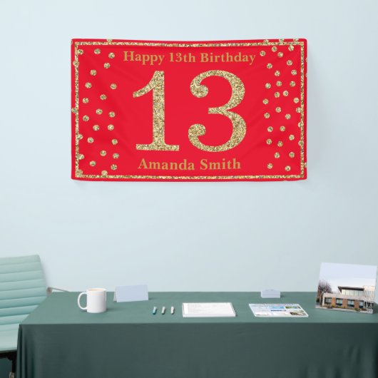 Happy 13th Birthday Banner Red en Gold Glitter (Beurs)