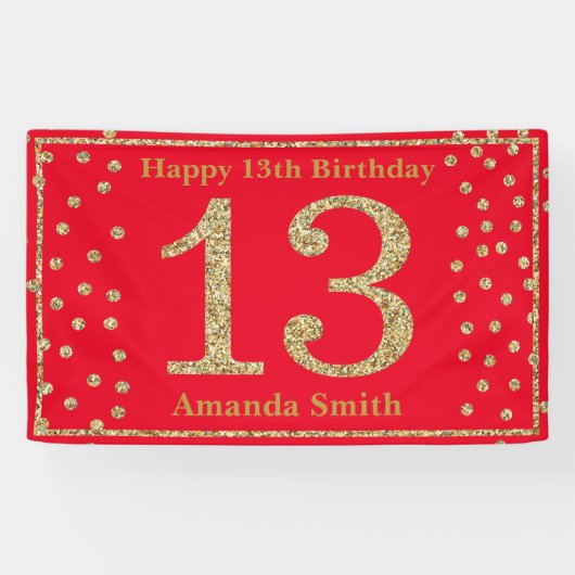 Happy 13th Birthday Banner Red en Gold Glitter (Horizontaal)