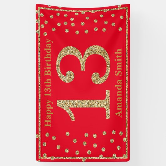 Happy 13th Birthday Banner Red en Gold Glitter (Verticaal)