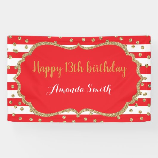 Happy 13th Birthday Banner Red Gold Glitter (Horizontaal)