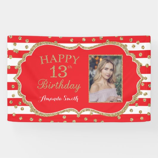 Happy 13th Birthday Banner Red Gold Glitter Photo (Horizontaal)