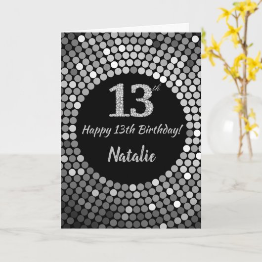 Happy 13th Birthday Black and Silver Glitter Card Kaart (Gele Bloem)