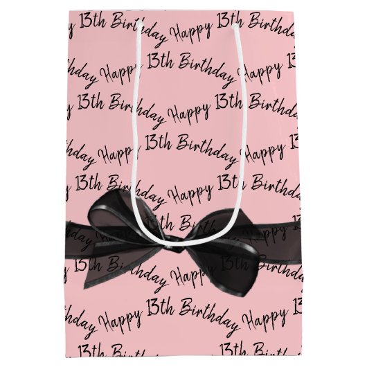 Happy 13th Birthday Black Bow On Pink Medium Cadeauzakje (Achterkant)