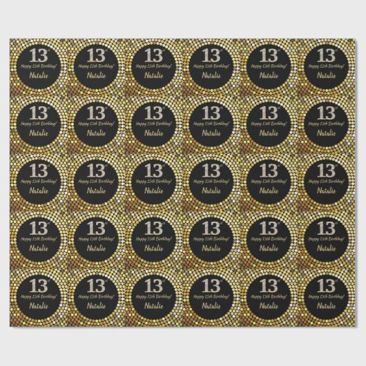 Happy 13th Birthday Black en Gold Glitter Cadeaupapier (Vlak)