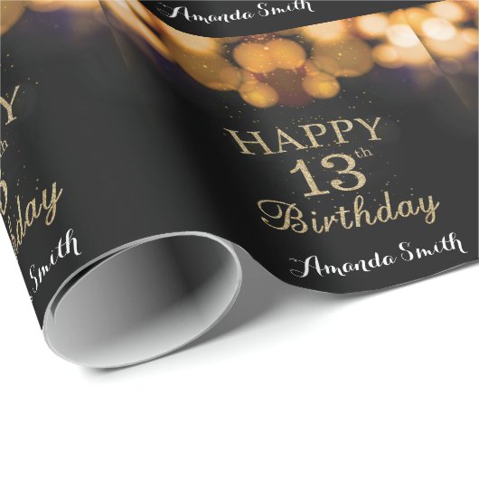 Happy 13th Birthday Black en Gold Glitter Cadeaupapier (Rol Hoek)