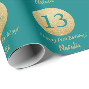 Happy 13th Birthday Blauwgroen en Gold Glitter Cadeaupapier