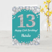Happy 13th Birthday Blauwgroen en Silver Glitter C Kaart (Gele Bloem)
