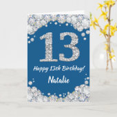 Happy 13th Birthday Blue en Silver Glitter Card Kaart (Gele Bloem)