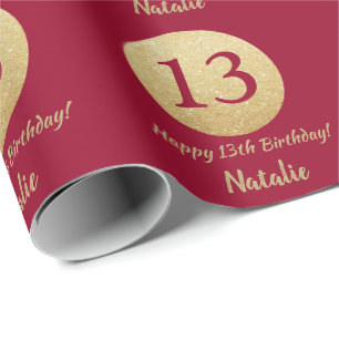 Happy 13th Birthday Burgundy Red en Gold Glitter Cadeaupapier