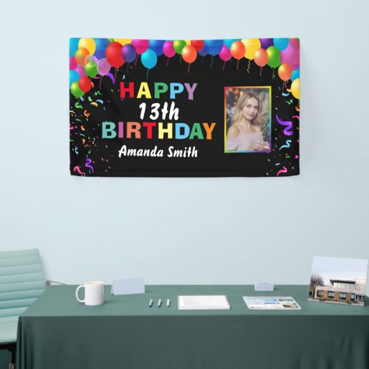 Happy 13th Birthday Colorful Balloons Confetti Spandoek (Beurs)