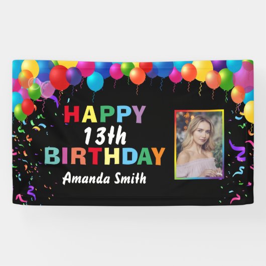 Happy 13th Birthday Colorful Balloons Confetti Spandoek (Horizontaal)