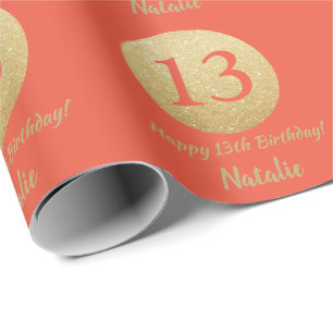 Happy 13th Birthday Coral Oranje en Gold Glitter Cadeaupapier