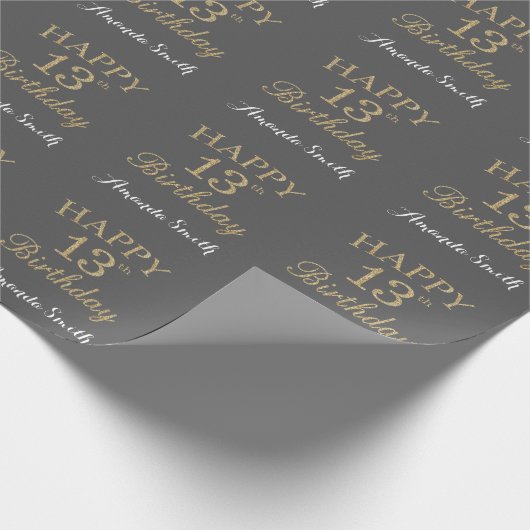 Happy 13th Birthday Gold Glitter en Grey Cadeaupapier (Hoek)