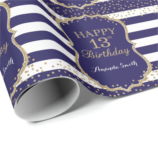 Happy 13th Birthday Gold Glitter en Navy Blue Cadeaupapier (Rol Hoek)