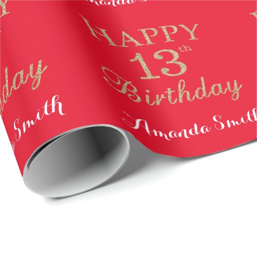 Happy 13th Birthday Gold Glitter en Red Cadeaupapier (Rol Hoek)