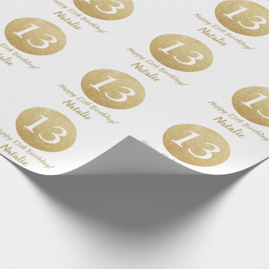 Happy 13th Birthday Gold Glitter en White Cadeaupapier (Hoek)