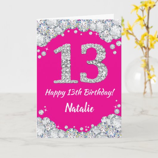 Happy 13th Birthday Hot Pink en Silver Glitter Kaart (Gele Bloem)