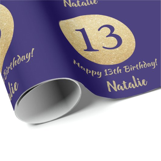 Happy 13th Birthday Navy Blue en Gold Glitter Cadeaupapier (Rol Hoek)