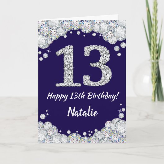 Happy 13th Birthday Navy Blue en Silver Glitter Kaart (Voorkant)
