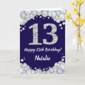 Happy 13th Birthday Navy Blue en Silver Glitter Kaart (Gele Bloem)
