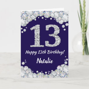 Happy 13th Birthday Navy Blue en Silver Glitter Kaart