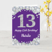 Happy 13th Birthday Paars en Silver Glitter Card Kaart (Gele Bloem)