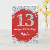 Happy 13th Birthday Red en Silver Glitter Card Kaart (Gele Bloem)
