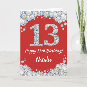 Happy 13th Birthday Red en Silver Glitter Card Kaart
