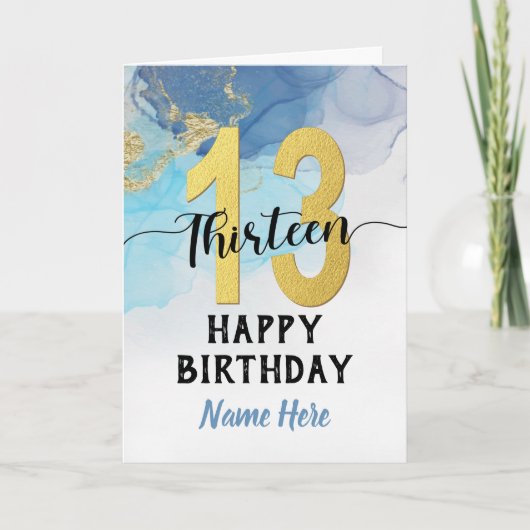 Happy 13th Birthday Waterverf Blue & Gold Boy Kaart (Voorkant)