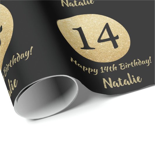 Happy 14th Birthday Black en Gold Glitter Cadeaupapier (Rol Hoek)