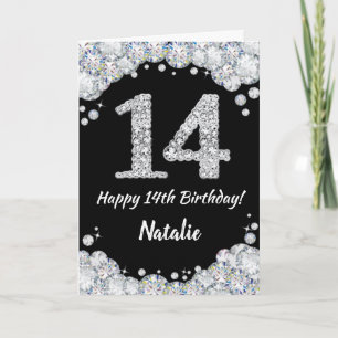 Happy 14th Birthday Black en Silver Glitter Card Kaart
