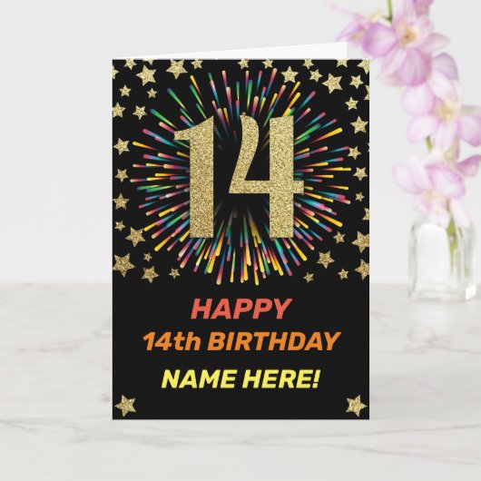 Happy 14th Birthday Black & Gold Rainbow Fireworks Kaart (Orchidee)