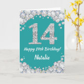 Happy 14th Birthday Blauwgroen en Silver Glitter C Kaart (Gele Bloem)