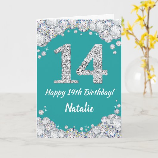 Happy 14th Birthday Blauwgroen en Silver Glitter C Kaart (Gele Bloem)