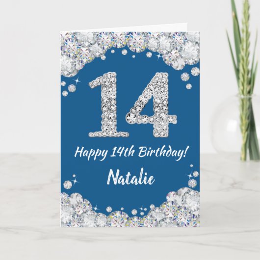 Happy 14th Birthday Blue en Silver Glitter Card Kaart (Voorkant)